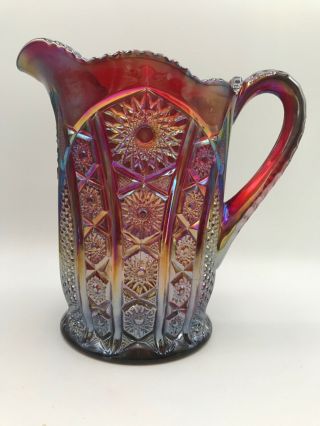 Vintage Indiana Glass Heirloom Sunset Carnival Glass Iridescent 8” Red Pitcher