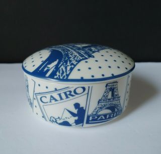Vintage Porcelain Trinket Box Designed By Tiffany Co April In Paris Blue White