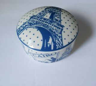 Vintage Porcelain Trinket Box Designed by Tiffany Co April in Paris Blue White 3