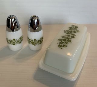 Vintage Pyrex Spring Blossom Green Butter Dish And Salt & Pepper Shakers Gemco