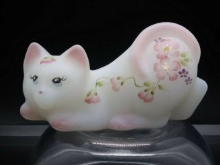 Fenton Glass White Satin Crouching Cat Hand Painted Pink Flowers 4 " Signed