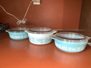 Vintage Pyrex Turquoise Butterprint 3pc Casserole Dish W Lids