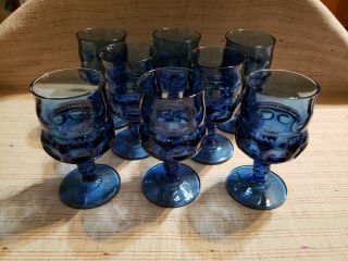 Set Of 8 Indiana Glass Thumbprint Cobalt Blue Kings Crown Goblets 8 Oz 5 1/2 "