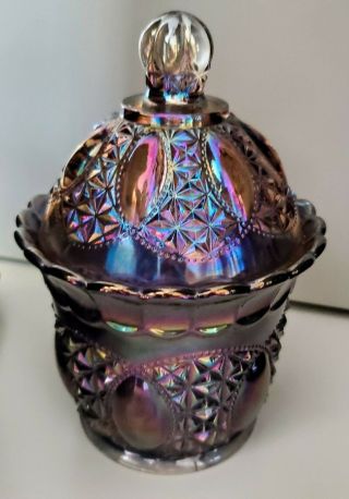 Imperial Glass 975 Beaded Jewel Carnival Glass Peacock Smoke Covered Candy Dish