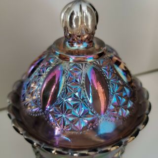 Imperial Glass 975 Beaded Jewel Carnival Glass Peacock Smoke Covered Candy Dish 2