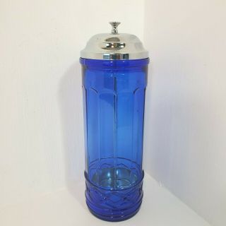Cobalt Blue Glass Straw Dispenser Holder Metal Insert Art Deco Design Paneled