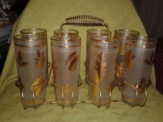 Vintage Set Of Eight Libbey Frosted Gold Leaf Foliage Glass Tumblers W/ Caddy