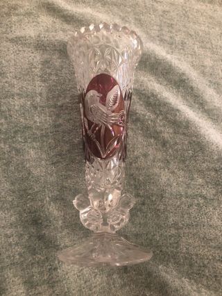 Hofbauer Byrdes (bird) Ruby Red Flower 7 Inch Cut To Clear Crystal Vase Gorgeous