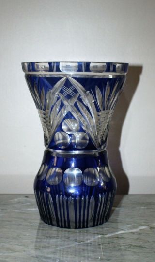 Vtg Bohemian Czech Cobalt Blue Cut To Clear Crystal 8.  5 " Tall Vase Centerpiece