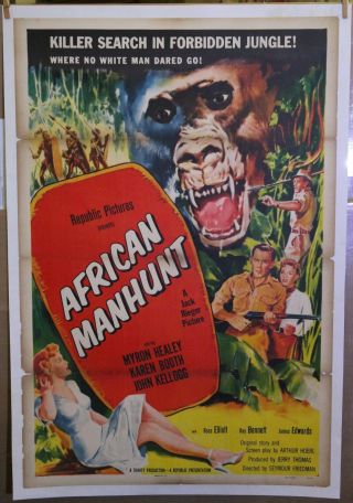 African Manhunt 1954 Poster Linen - Backed Pulpy Jungle Art Great Color