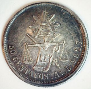 1875 As L Mexico Second Republic Silver 50 Centavos Coin Almost Uncirculated