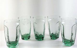 5 - Libbey Rock Sharpe Chivalry Green Tumbler Glasses Vintage 5 1/4 Inch