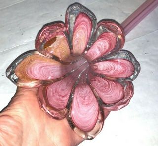 Murano Art Glass Hand Blown Pink Flower Long Stem 20 Inches Partial Sticker