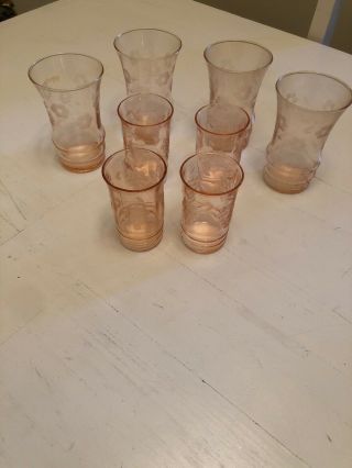 Set Of 8 Vintage Pink Depression Glass Etched Floral Tumblers Juice Glasses