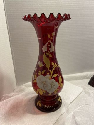 Fenton Ruby Red 10.  25” Tall Ruffled Flower Vase Hand Painted