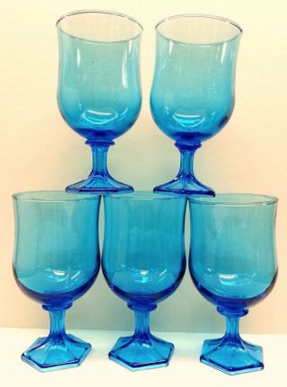 Anchor Hocking Flair Blue Glass Water Goblets (5),  Tulip Shape Wine Glasses