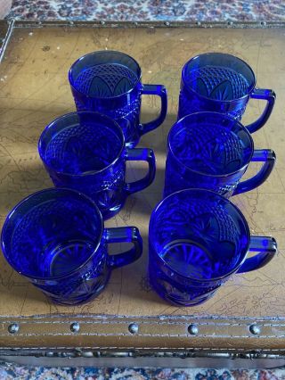 (6) Vintage Cristal D’arques Sapphire Blue Glass Mugs,  Fast