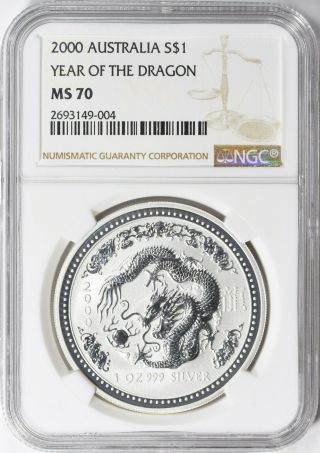Australia 2000 $1 Year Of The Dragon Ngc Ms - 70 Silver Coin