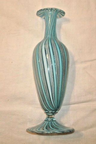 Vintage Venetian Italian Art Glass Bud Vase Baby Blue With White Latticino