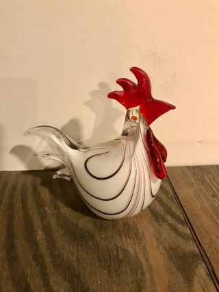 Murano Style Rooster Chicken Hen Art Glass Figurine Paperweight Black White Red