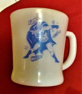 Vintage 1960 ' s BATMAN Milk Glass Coffee Cup Anchor Hocking Fire King Mug BLUE 2
