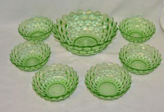 Jeannette Glass Cube " Cubist " Berry / Dessert Set 1 Large 6 Small Bowls - Green