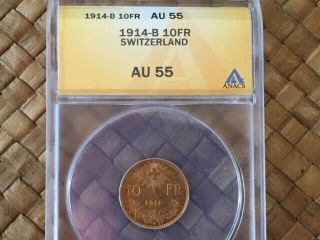 Swiss Helvetia 10 Francs 1914 Gold Coin Au 55