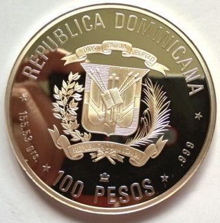 Dominican 1991 Presenting Native American to Court 100 Pesos 5oz Silver Coin 2