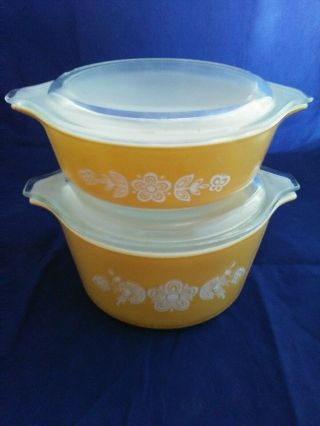 Pyrex Butterfly Gold Round Casserole Dishes 471,  473 W/lids Euc