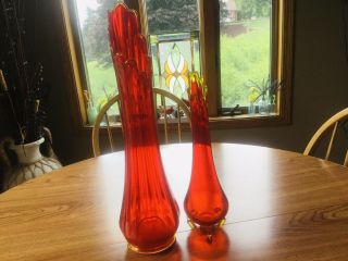 2 Vintage Mid - Century L E Smith Art Glass Swung Stretch Vase Amberina Orange