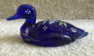 Fenton Handpainted Art Glass Cobalt Blue Mallard Duck With Flowers