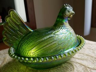 Vintage Indiana Glass Lime Green Iridescent Hen On Nest Bowl/lid Aprox 8x6x6 "