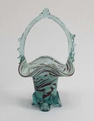 Vintage Murano End Of Day Art Glass Basket / Vase Red / Green / White Flecks