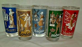 Five Vintage Libbey International Cities Of The World Tumblers Glasses