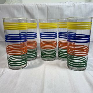 Vintage Mid Century Set Of 5 Striped Drinking Glasses Tumblers Primary Colors