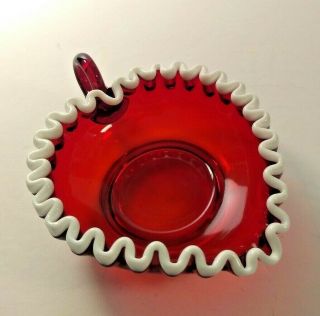 Vintage Fenton Ruby Red Snow Crest Heart Shaped Nappy Candy Dish With Handle