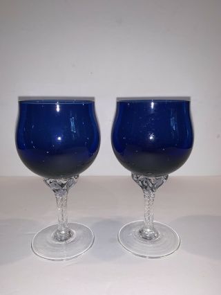 2 Vintage Sasaki Cobalt Blue Coronation Wine Goblet Glass 5 1/2 "