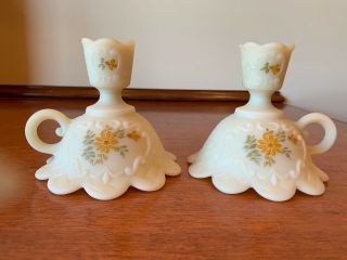Vintage Pair Fenton Custard Satin Glass Hand Painted Candle Holders Signed