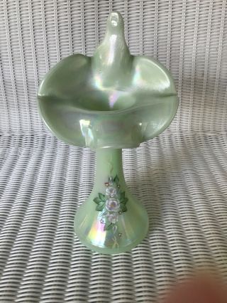Fenton Green Iridescent Hand Painted Signed Vase Flowers Jack In The Pulpit Star