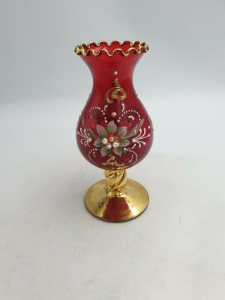 Vtg Murano Venetian Glass Ruby Red Vase Hand Painted Raised Floral Twisted Stem