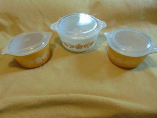 Set If 3 Vintage Pyrex Butterfly Gold Casserole Dishes W/ Lids 2@ 473,  1 @ 474 - B