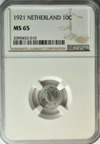 Netherlands Silver 10 Cents 1921 Ngc Ms 65 Unc