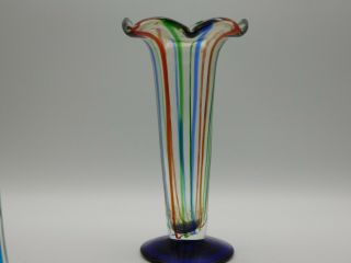 Vintage Murano Tall Red White Blue Striped Clear Vase