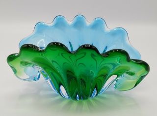 Vintage Italian Murano Glass Blue Green Ombre Scallop Glass Bowl Artist Signed