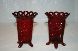 2 Imperial Glass Ruby Red Lace Edge Diamond Point 4 - Toed Flower Vases 1