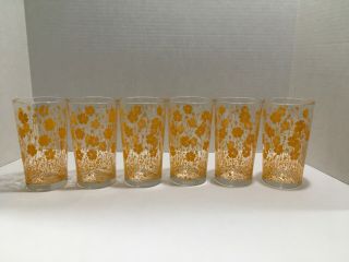6 Vintage Drinking Glasses Flower Power Yellow Orange Flowers