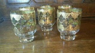 Vintage Culver Valencia Lowball Glasses ;set Of 6; 22 Kt Gold Green Diamond Mcm