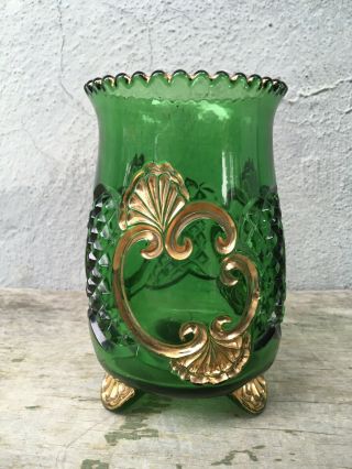 Eapg Riverside Glass Croesus Emerald Green Gold Footed Vase 6 1/4” Spooner