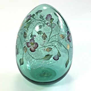 Vintage Fenton Hand Painted,  Artist Signed Glass Egg Iris Iridescent Blue Green