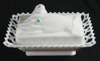 Westmoreland White Milk Glass Dove In Hand Covered Dish With Jewel Accents